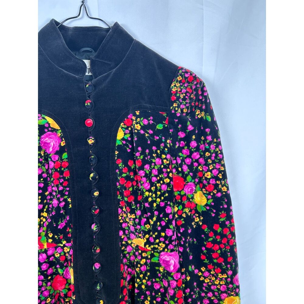 Vintage 70s Orphee Paris Floral Velvet Mini Dress XS Black French Mod Psych - Picture 5 of 16